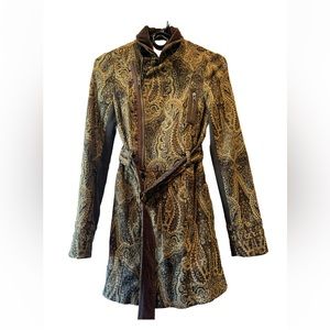 Free People Jacquard Paisley Belted Jacket Coat with Velvet Trim Size 2